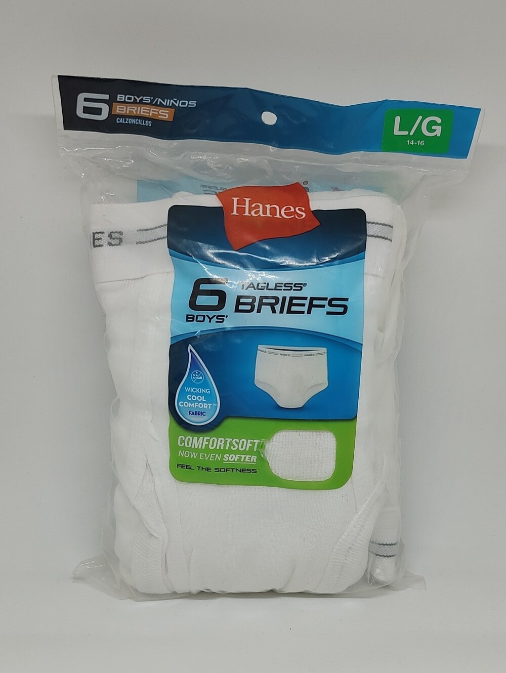 Hanes Boys Briefs Underwear 6 Pack Size L Large 14-16 Tagless White ComfortSoft